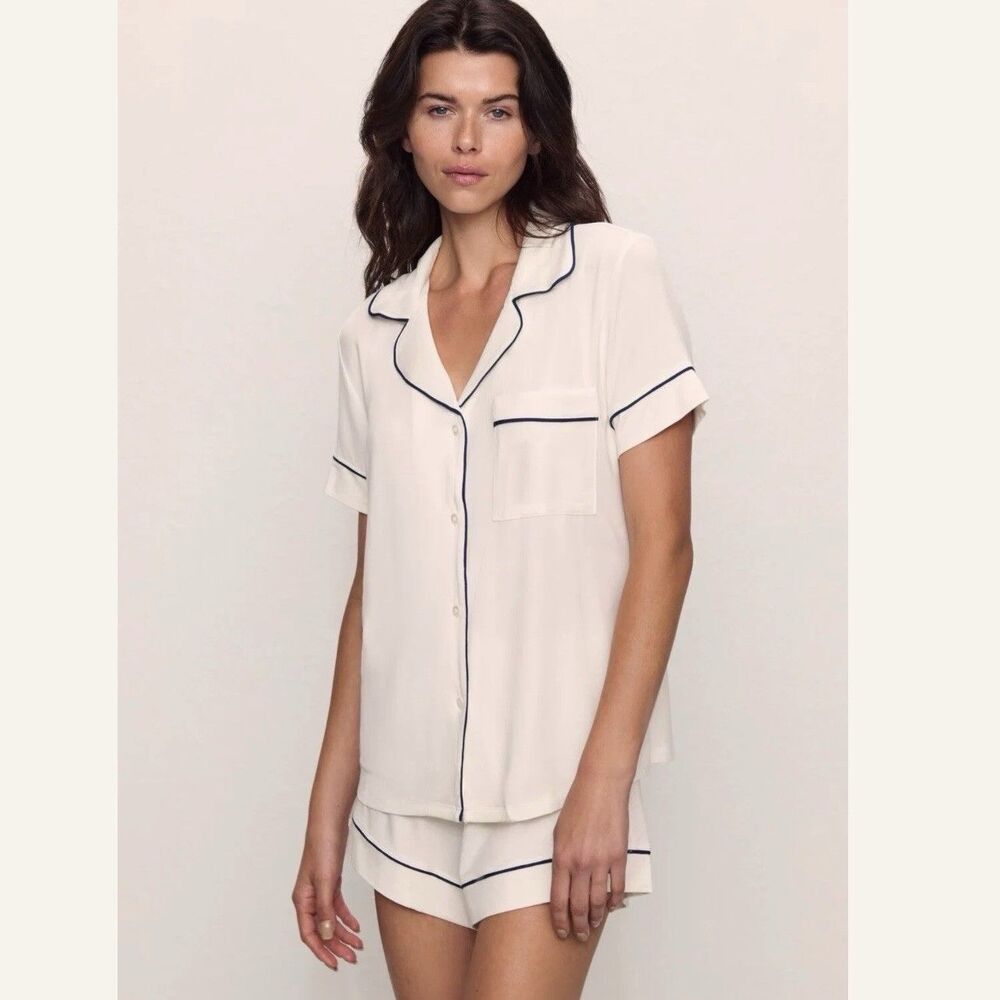 Eberjey Gisele Short Pajama Set Large Ivory Navy Piping TENCEL Modal Loungewear